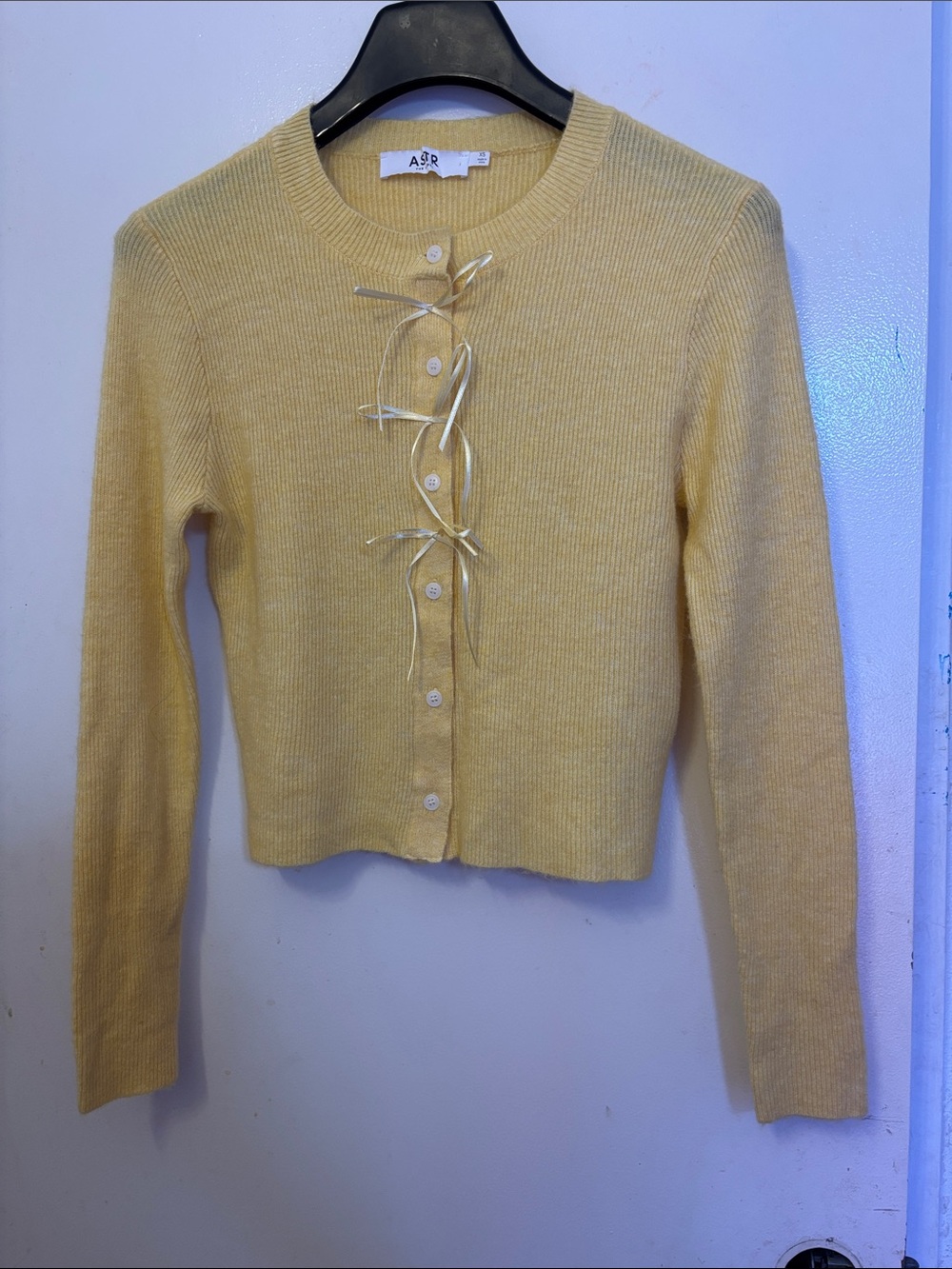 Astr Pale Yellow Ribbed Cardigan with Front Ribbon Ties